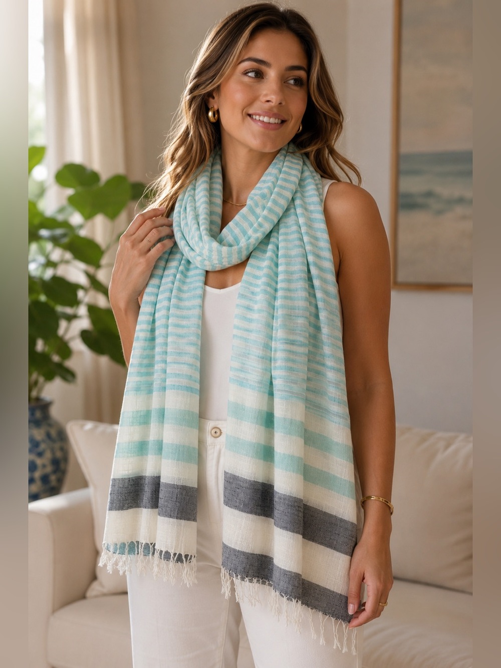 Cejon Aqua and Cream Striped Cotton Bath Towel